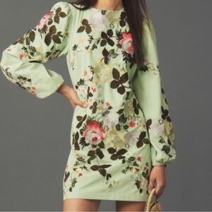Anthropologie Let Me Be Women's L Mini Dress Green Floral Embroidery Preppy NWT✅